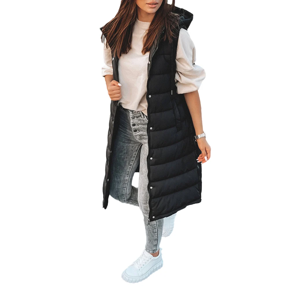 

Solid Color Women Casual Single Breasted Warm Vest Sleeveless Winter Pockets Hooded Outwear Female Long Jacket Ladies Cardigan