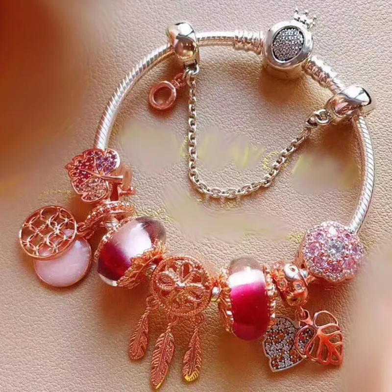 

100% 925 sterling silver spring winter Pink forest glass dream leaves high quality fashion factorypan bracelet female