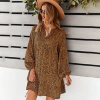 2022 new summer leopard print women loose dress casual long sleeve v neck female holiday mini dresses