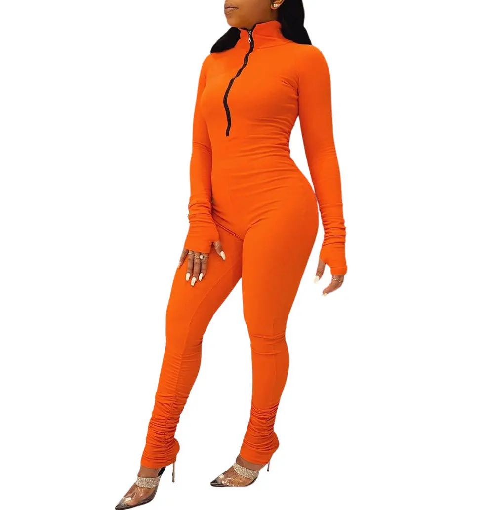 

Good Elastic Ribbed Skinny Stacked Jumpsuits Women Stand Collar Long Sleeve Fitness Playsuit Streetwear One Piece Club Overalls