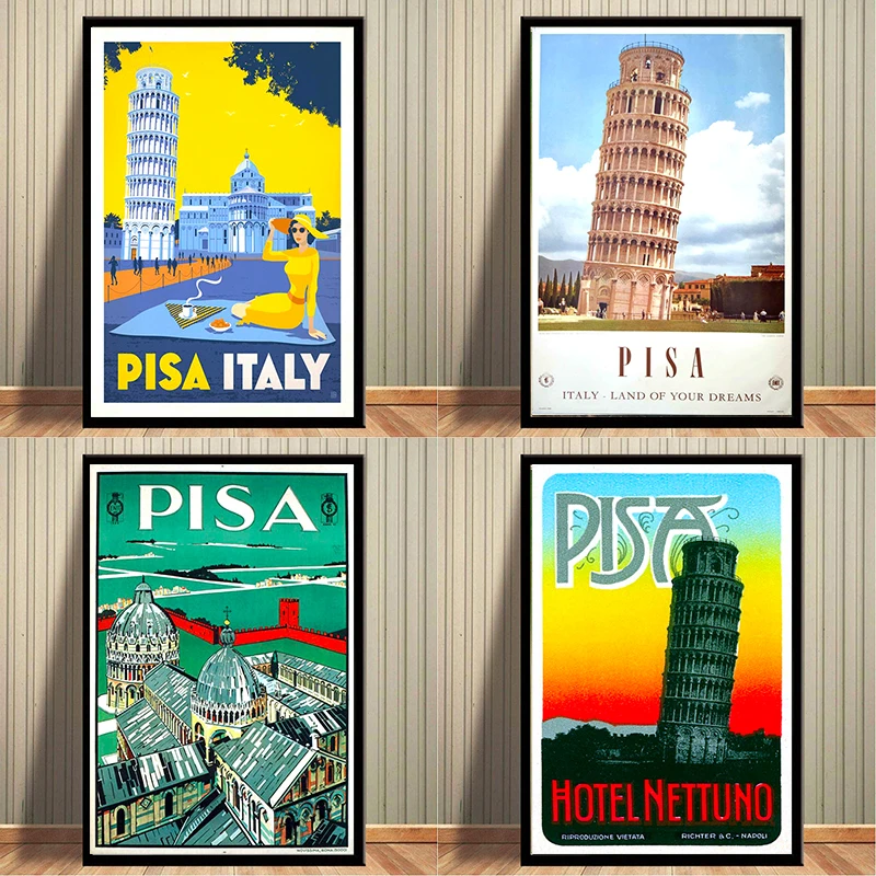 Итальянская наклонная башня Пизы Картина на холсте для путешествий винтажная