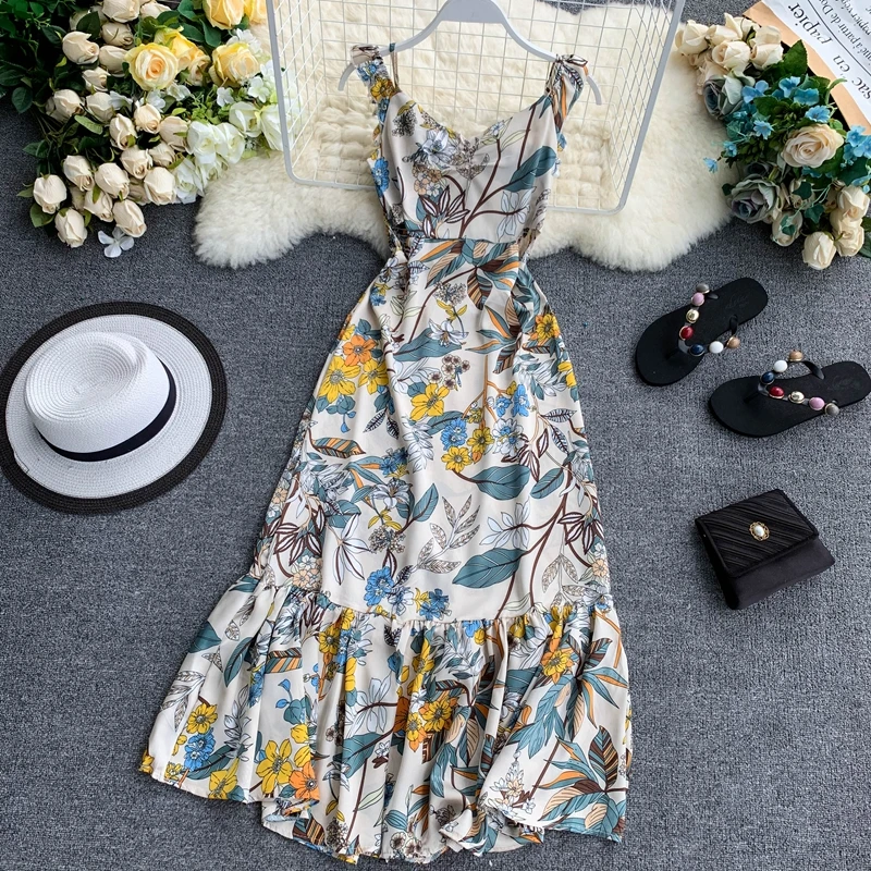 

2020 New Spring Women Sexy Spaghetti Strap Sleeveless Dresses Female Flower Print High Waist Dress
