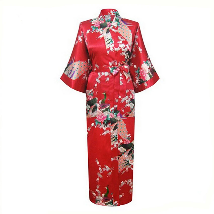

Long Style Loose Japanese Satin Peacock Woman Yukata Dress Sleepwear Oriental Kimono Haori Chinese Qipao Nightgown Robe