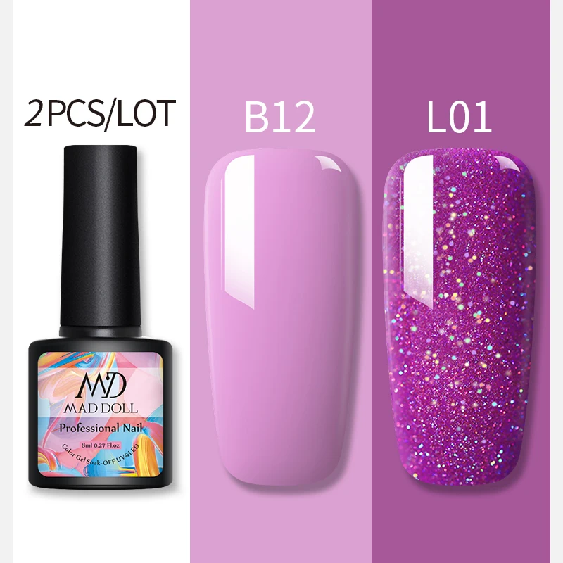 B12L01 2 бутылки 8 мл MAD DOLL УФ-гель для ногтей чистый цвет и Блестящие Блестки долговечный впитывающий Гель-лак для нейл-арта - Цвет: B12L01