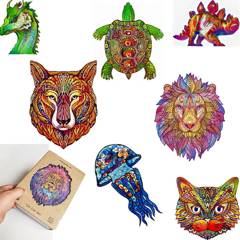 

Интеллектуальный пазл для малышей деревянные кусочки уникальной формы животные кот Лев мультяшный пазл для детей SML дизайн картина пазл по...