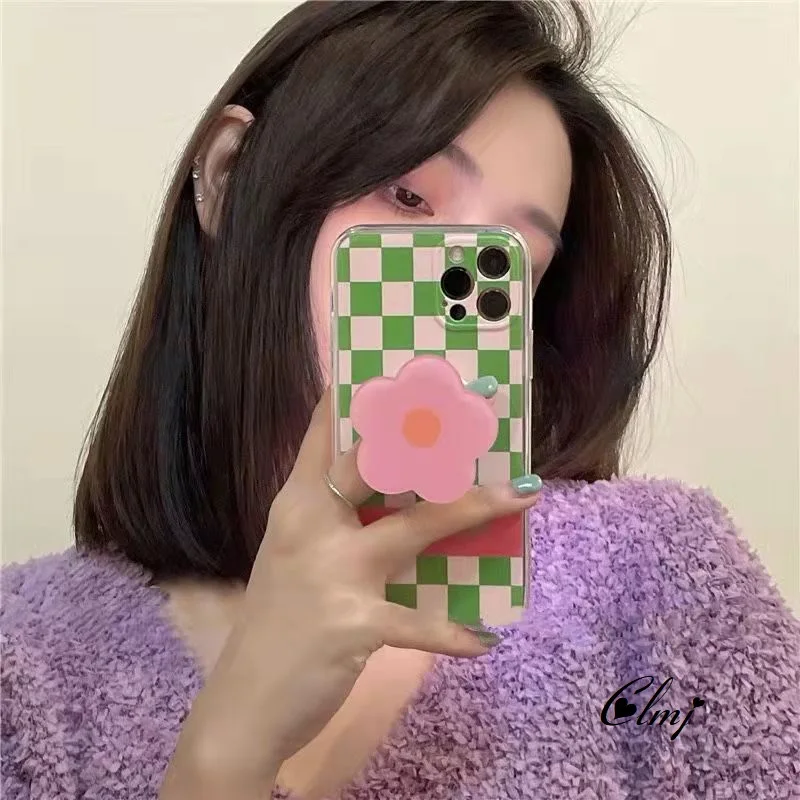 

Clmj INS Green Grid Pink Flower Phone Case With Stand For iPhone 13 12 11 Pro Max XR 7 8 Plus X XS Silicone Checkerboard Case