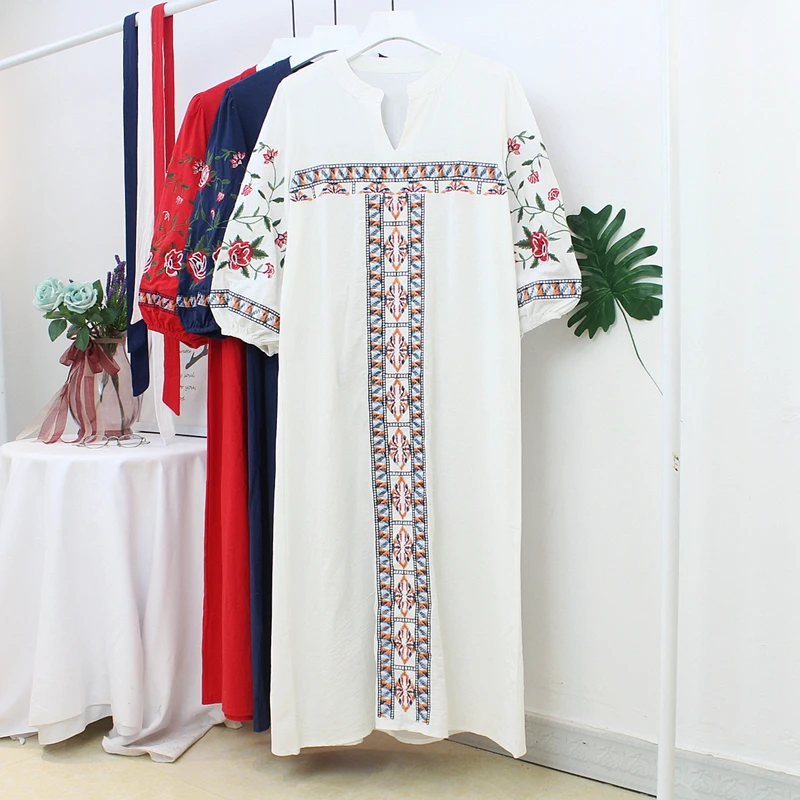 Женское платье миди в винтажном этническом стиле с цветочной вышивкой Осеннее и