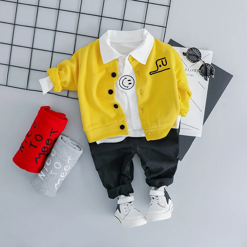 HYLKIDHUOSE Baby Boys Girls Clothing Sets Infant Clothes Suits Smiley Face Lapel T Shirt Coats Pants Kids Children | Детская одежда и