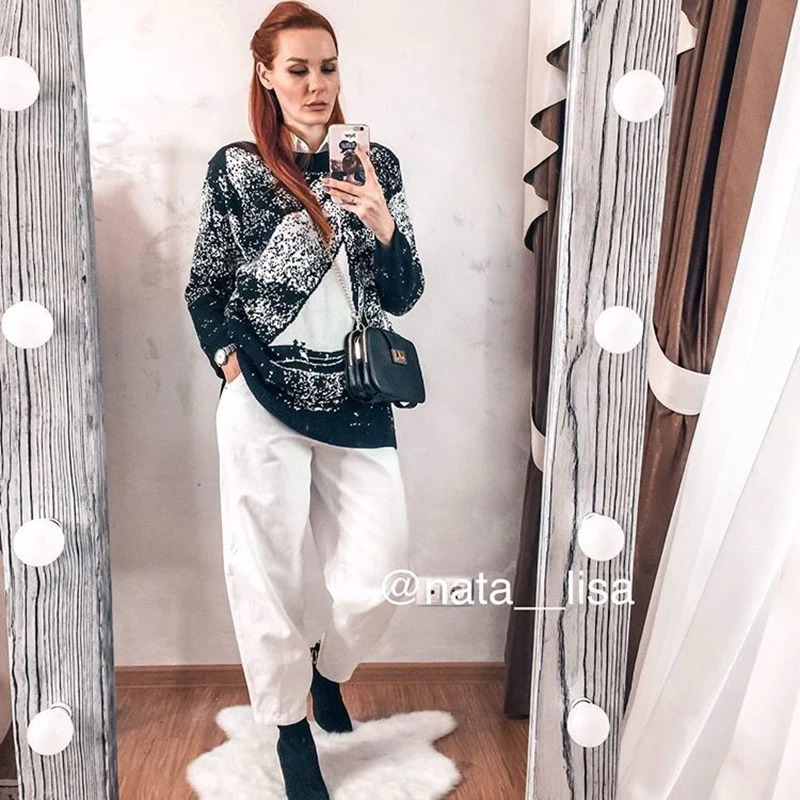 Slash Neck Knitted Sweater Sailboat Pattern Women Pullovers 2021 New Auttum Fashion Casual Loose Chic Sueter Mujer C-119 | Женская