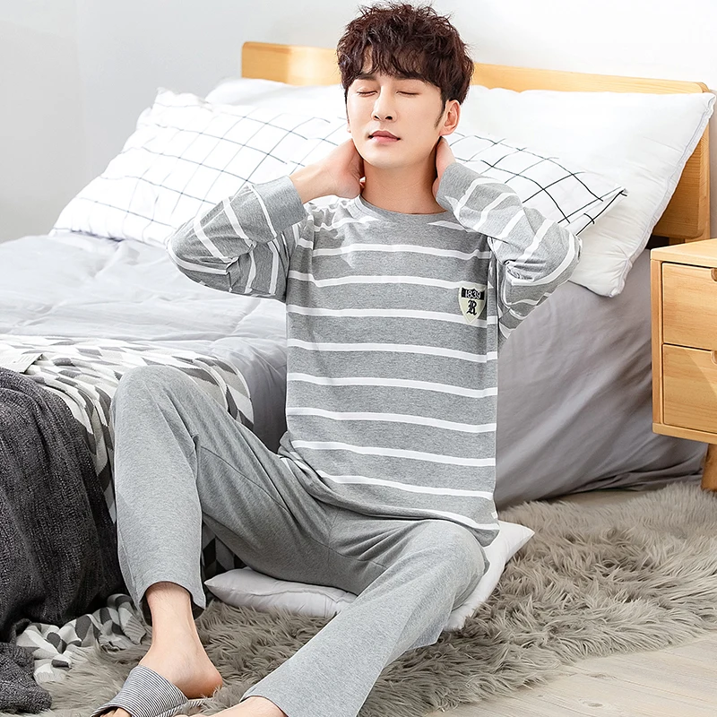 Осенне-зимние мужские хлопковые пижамы с буквенным принтом полосатые Мультяшные