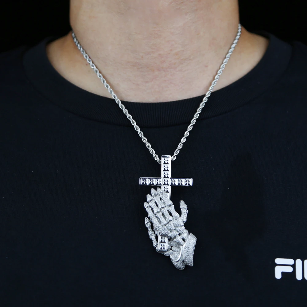 

Hip Hop ice Cubic Zirconia Paved Iced Out Praying Hands Cross Necklaces & Pendants For Men Women Jewelry With Tennis Chain