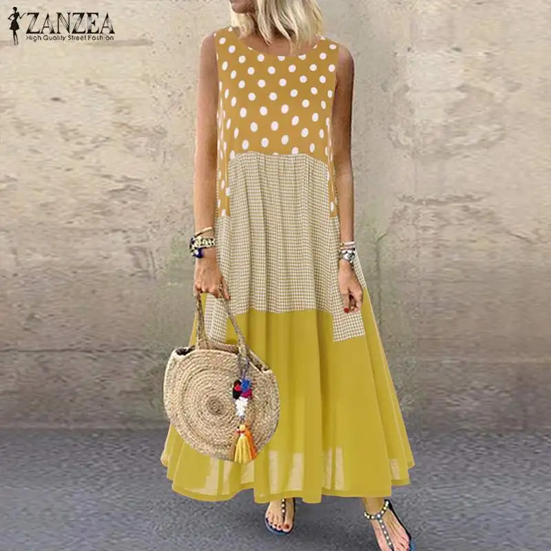 ZANZEA 2021 Summer Sundress Women Bohemian Printed Vest Dress Female Sleeveless Pacthwork Long Vestido Robe Femininas Sarafans | Женская