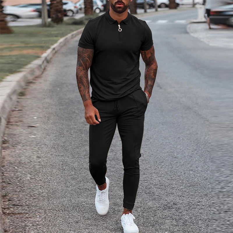 

Fashion Solid Men Clothing 2021 Summer 2 Piece Set Men Turn-Down Collar Zipper Tops And Drawstring Pants Outfit Casual Suits 3XL
