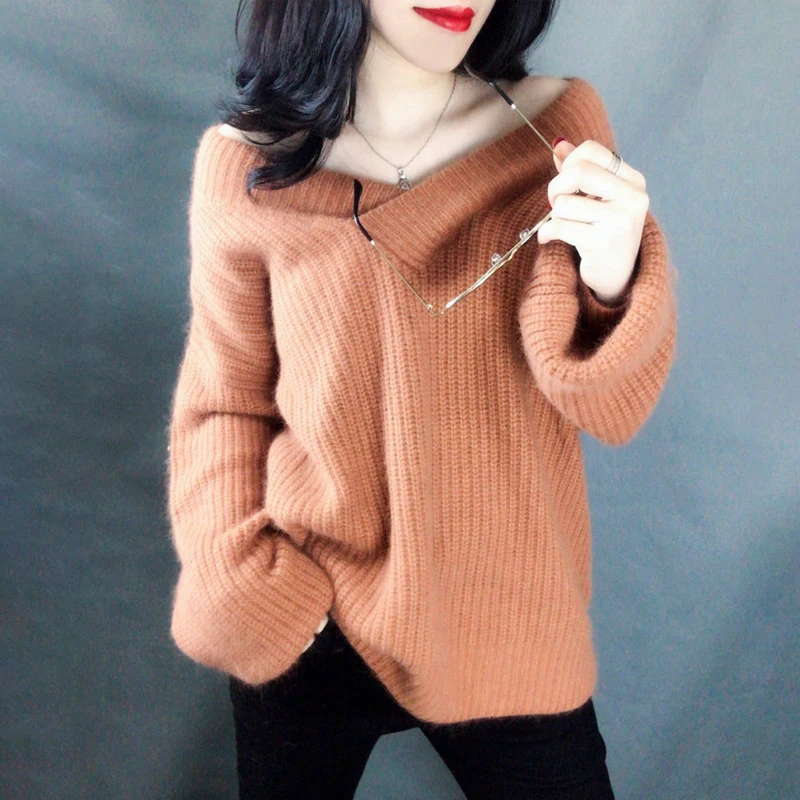 High Quality Women Knitted Sweater V-neck Casual Solid White Female Sweaters Pullover Femme | Женская одежда