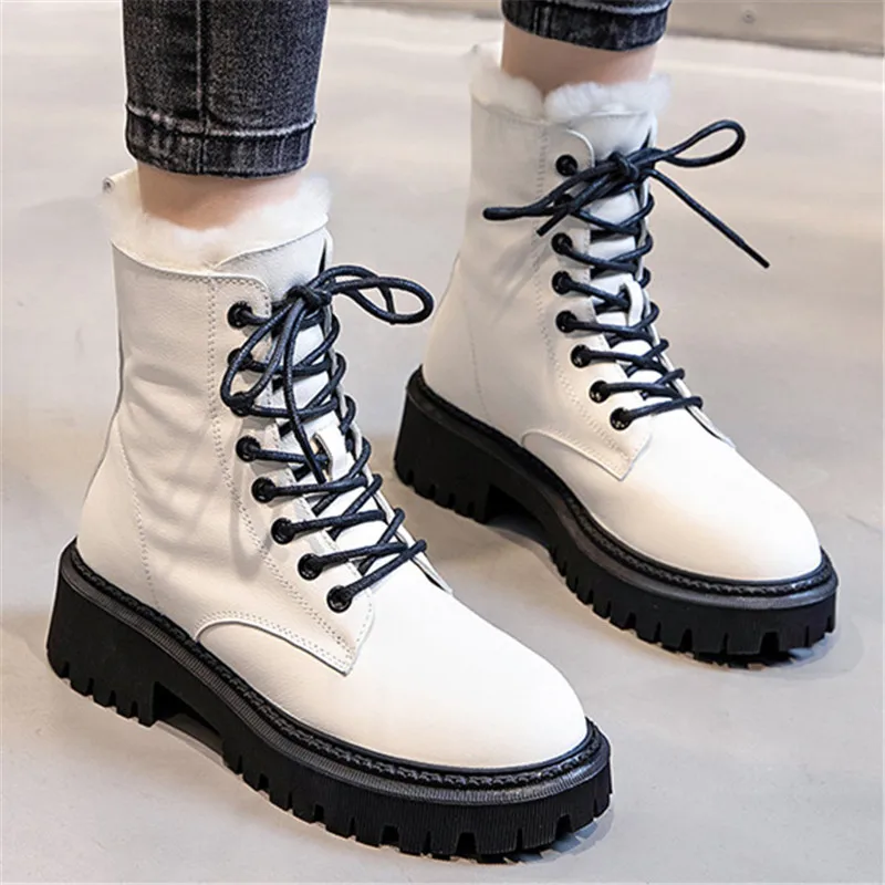 

Autumn Winter Platform Women's Short Boots Fashion Real Leather Knight Boots Black Motorcycle Boots Fur Warm Snow Boots Women's