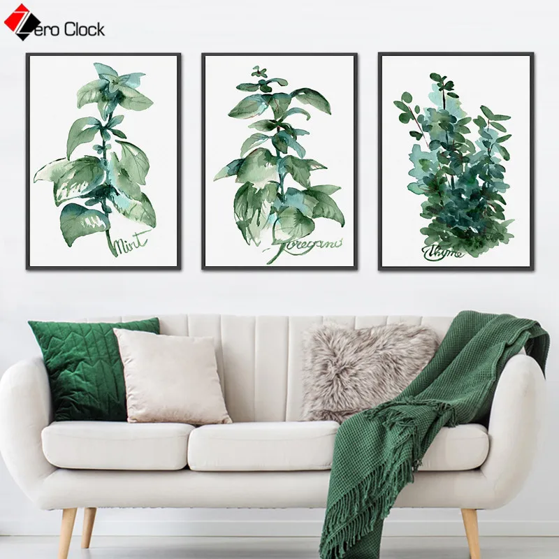 Акварельные растения холст живопись зеленые травы плакат растительные принты