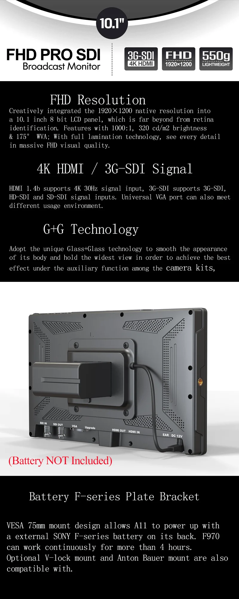 Lilliput A11 10," РАДИОВЕЩАТЕЛЬНЫЙ полевой монитор 3g SDI HDMI монитор Full HD 1920x1200p ips на камеру монитор для изготовления видео-фильмов