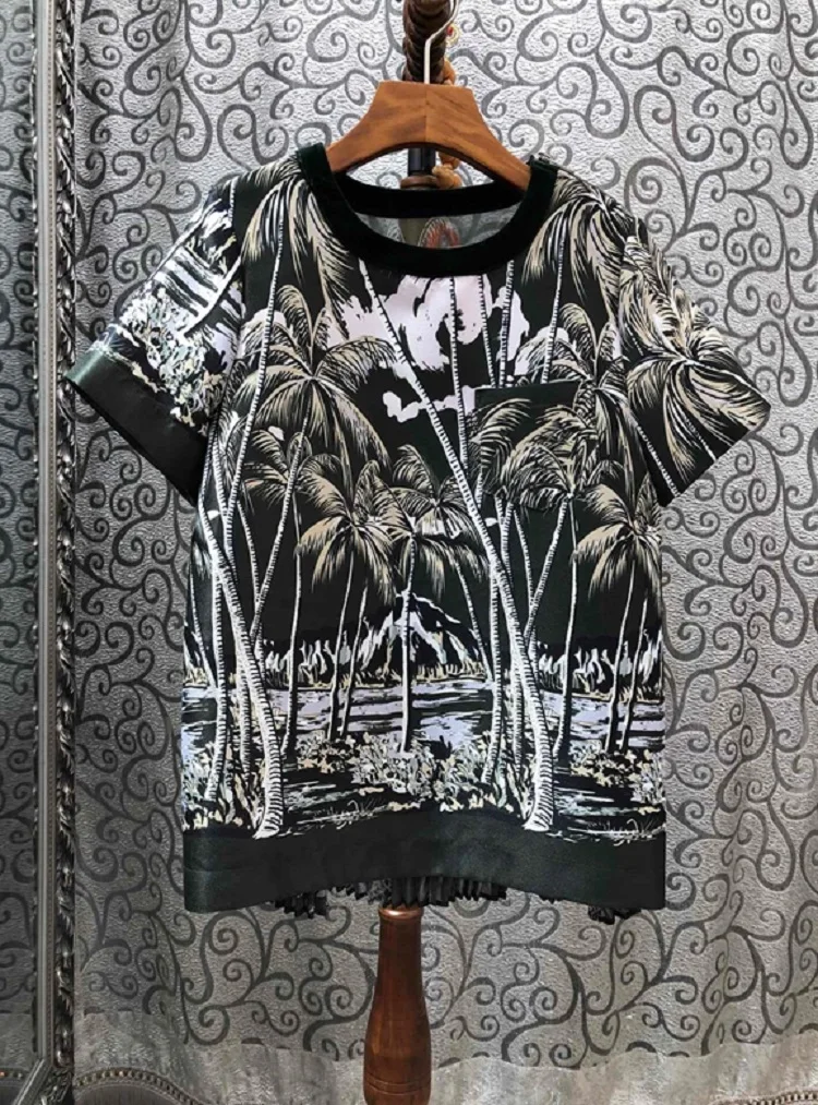 

High Quality & Tees 2020 Spring Summer T-Shirt Women Tropical Leaves Print Short Sleeve Pleated Tshirts Casual Tops