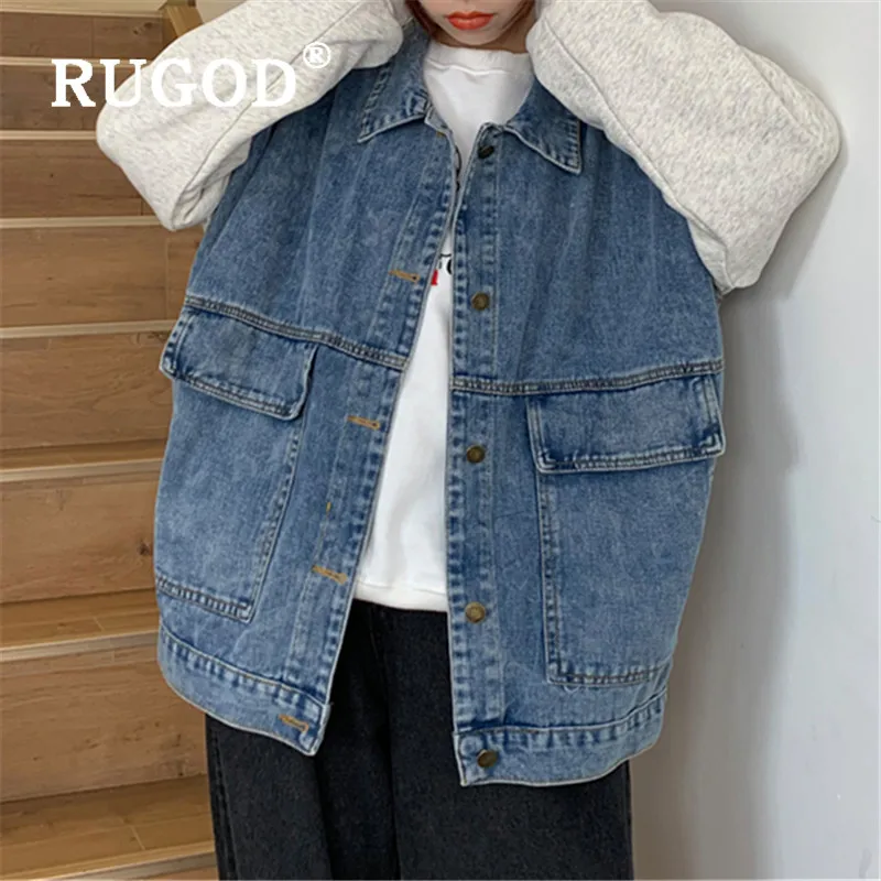 Женская джинсовая куртка RUGOD Повседневная Свободная Толстовка с имитацией