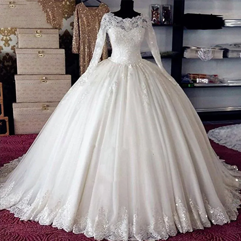

Vintage Custom Made White Ball Gown Wedding Dresses 2020 Appliques Long Sleeves Elegant Bride Dress Vestido De Noiva Sereia 2020