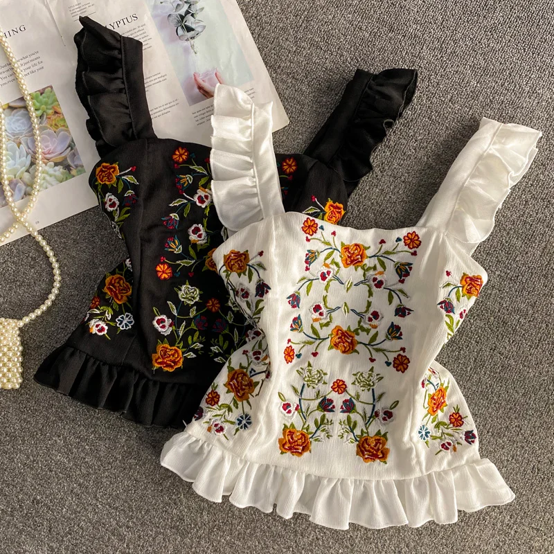 Топ с цветочной вышивкой в стиле ретро майка оборками короткая дизайнерская