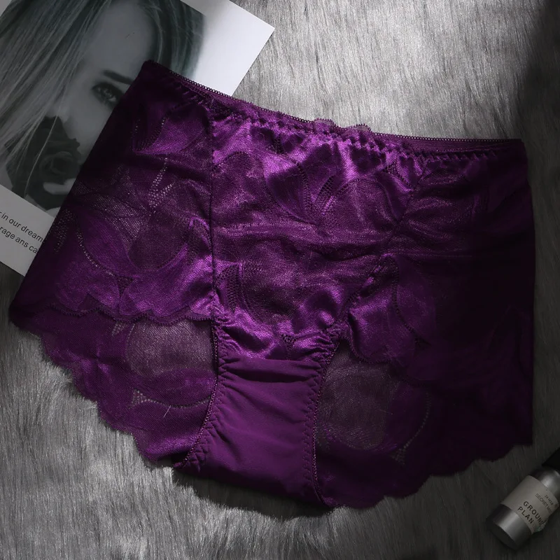 Фиолетовый Ropa interior femenina трусики сексуальное женское нижнее белье плюс размер 5XL кружевные цветочные прозрачные полые женские трусики - Цвет: Фиолетовый