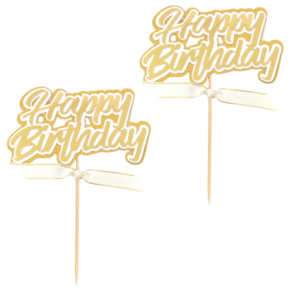 

10pcs White with Gold Paper Cake Toppers Letter and Ribbon Design Cake Picks Birthday Cupcake Decoration Dessert Fruit Insert Bi