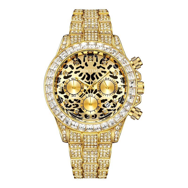 

PINTIME Men Watch Fashion Large Face Multi-dial Full Iced Out Diamond Watches for Men Luminous Date Quartz Wristwatch