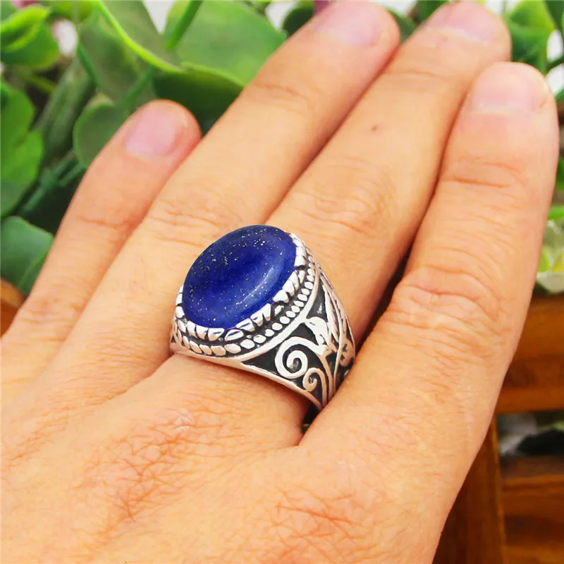 Oval Lapis Lazuli Stainless Steel Rings Natural Stone Leaf Plant Vintage Fashion Jewelry TR730