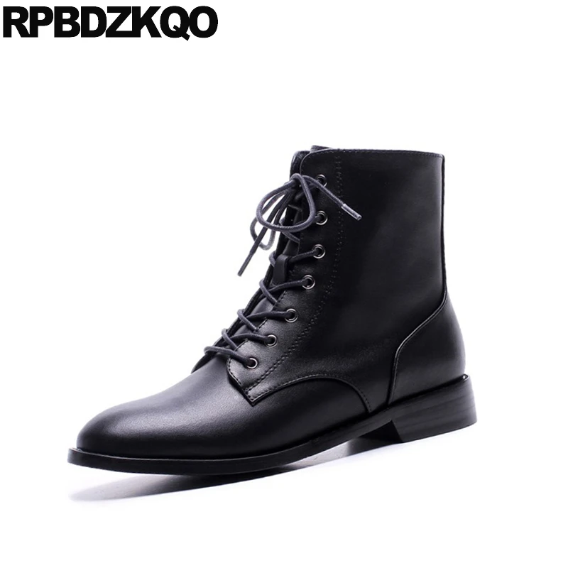 Женские ботильоны на меху черные повседневные ботинки с круглым носком шнуровке