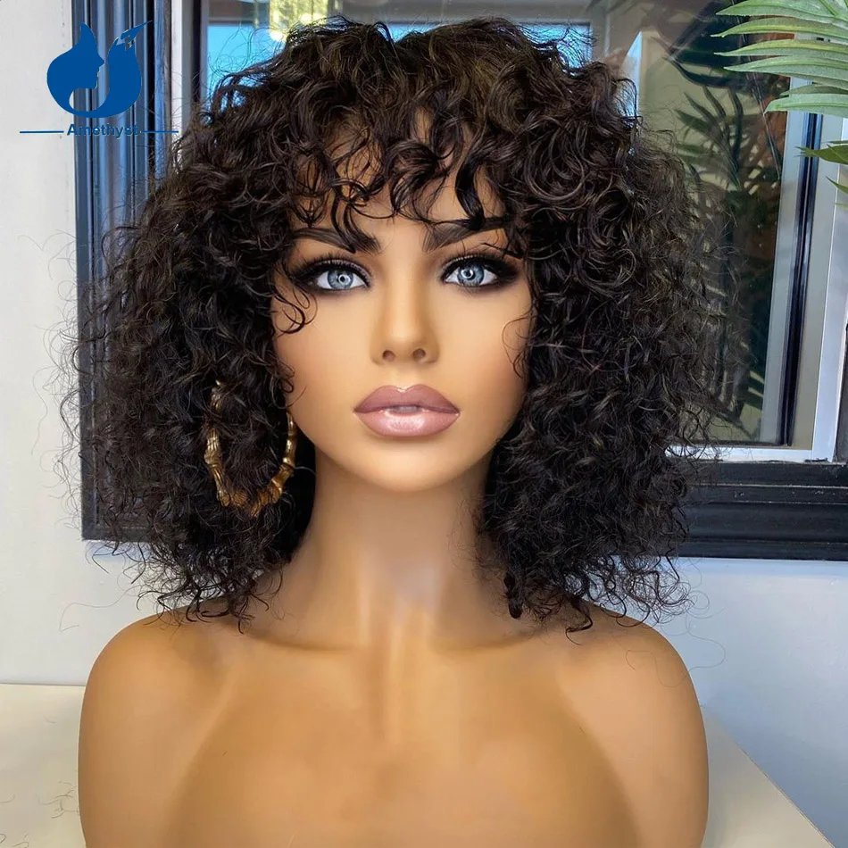 

Amethyst Machine Made Human Hair Wigs With Bangs Scalp Top Water Wave Short Bob Wigs For Women Natural Remy Hair 200% Density