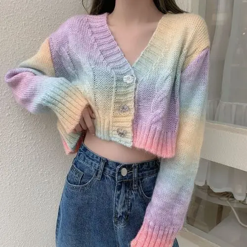 

2021 Autumn New Long-Sleeved Tie-Dye Sweater Loose V-neck Short Navel Tops Ladies Fashion Gagarich Women Sweet Cardigan