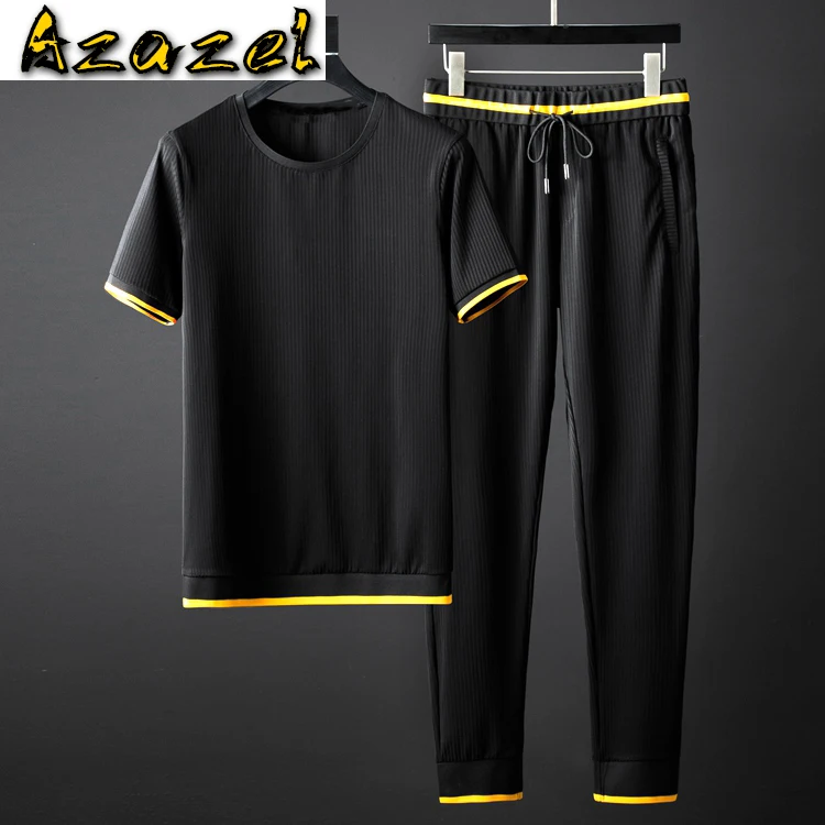 Azazel Summer Men Tracksuit (t-shirt+pants) Luxury Stripe Silky Thin Casual Sport Man Sets Plus Size 5xl Slim Fit Male Set