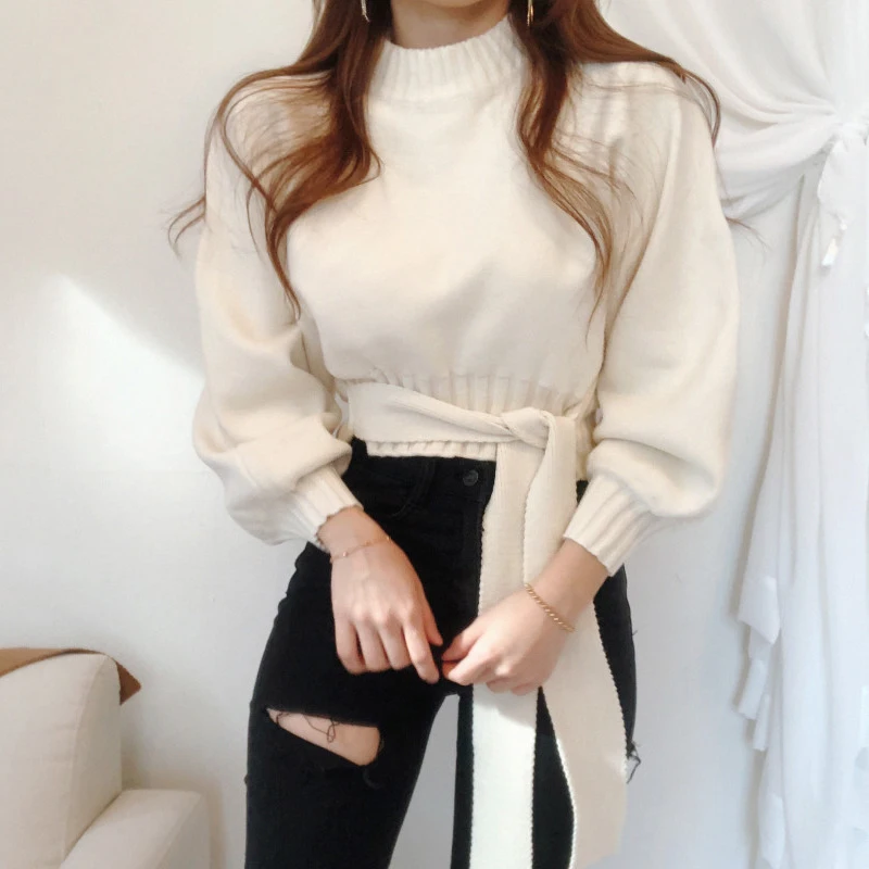 BGTEEVER Casual Cold-shoulder Knitting Pullover Sweaters Women Slim Waist Winter O-neck Lace-up Female Short Jumpers Tops 2020 | Женская