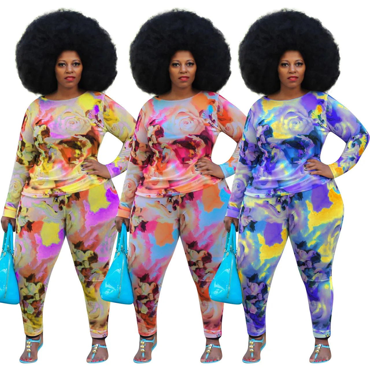 

2020 summer women printing two pieces sets top and long pant women suit XL-4XL