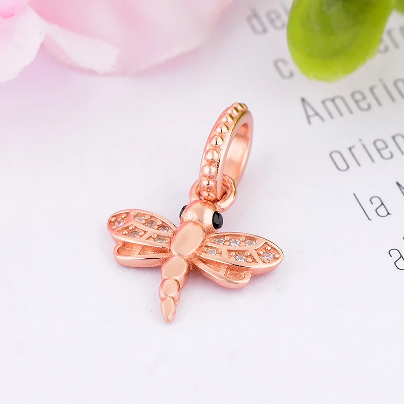 

Fit Original Pan Charm Bracelet Authentic 925 Sterling Silver Rose Gold Dragonfly Wings Zirconia Bead Making Berloque 2020