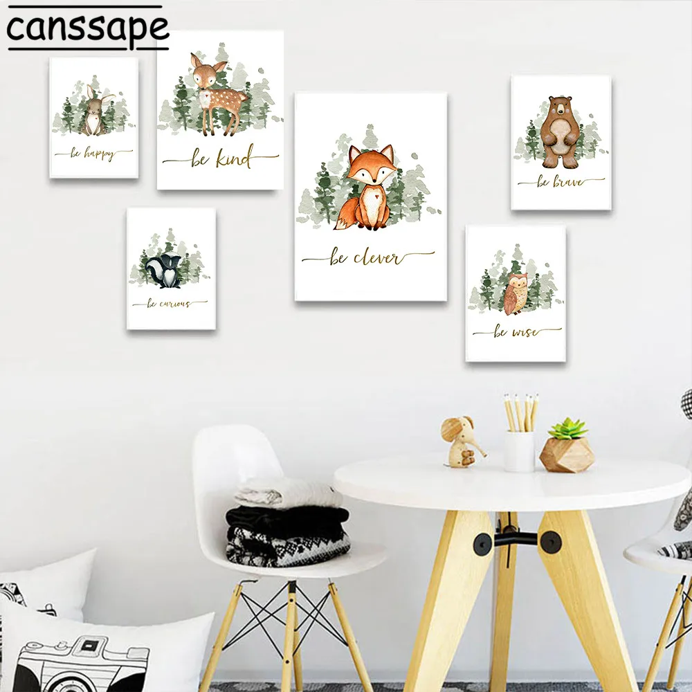 

Woodland Animals Wall Art Print Nursery Canvas Painting Bear Fox Poster Rabbit Deer Prints Nordic Wall Pictures Baby Room Decor