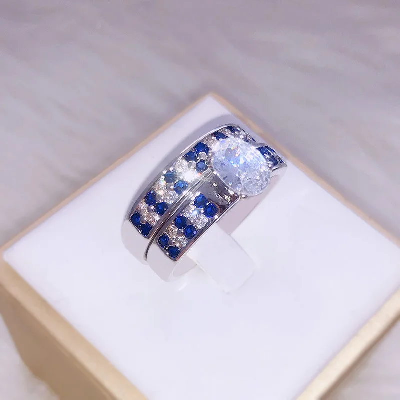 Женское кольцо с овальным голубым и белым камнем в европейском американском