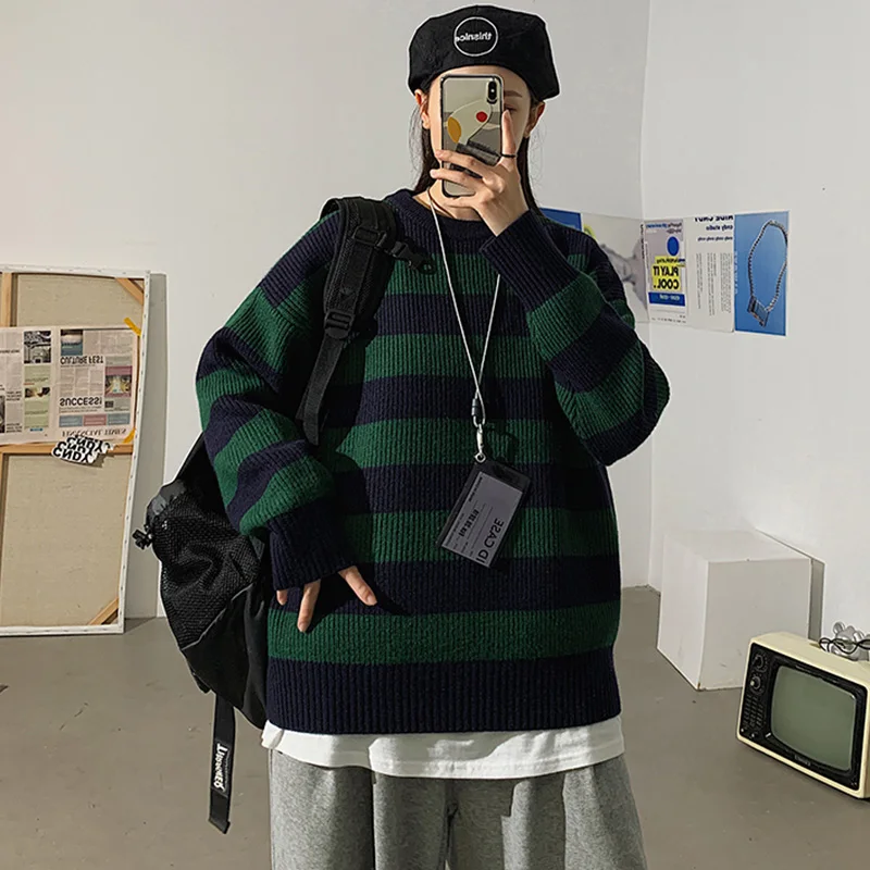 

LEGIBLE Autumn Winter Sweater Women Casual Woman Sweater Pullovers Striped Jumper Warm Teen Gril Green Striped Sweaters