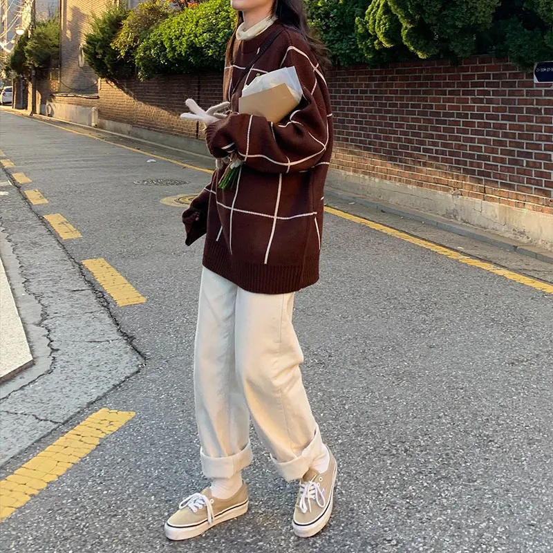 

Korean Preppy Style Long Sleeve Plaid Knitted Sweater Women Autumn Winter Pullover Jumper Female Casual Loose Sweaters