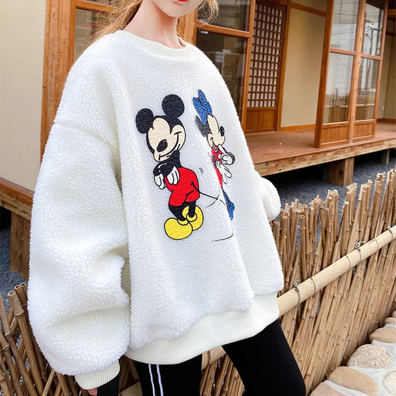 

Disney Mickey Minnie Pullover Sweatshirt Winter Autumn Plus Velvet Sweater Children's Jacket White Lamb Wool Tops Korean Style