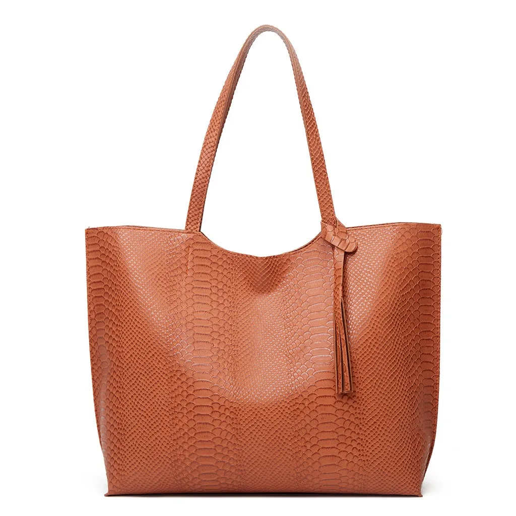 

New Tote Bag Fashion Serpentine Portable PU Shoulder Casual Wild Leather Tassel Handbag Bags For Women 2020 Ladies Hand Bags