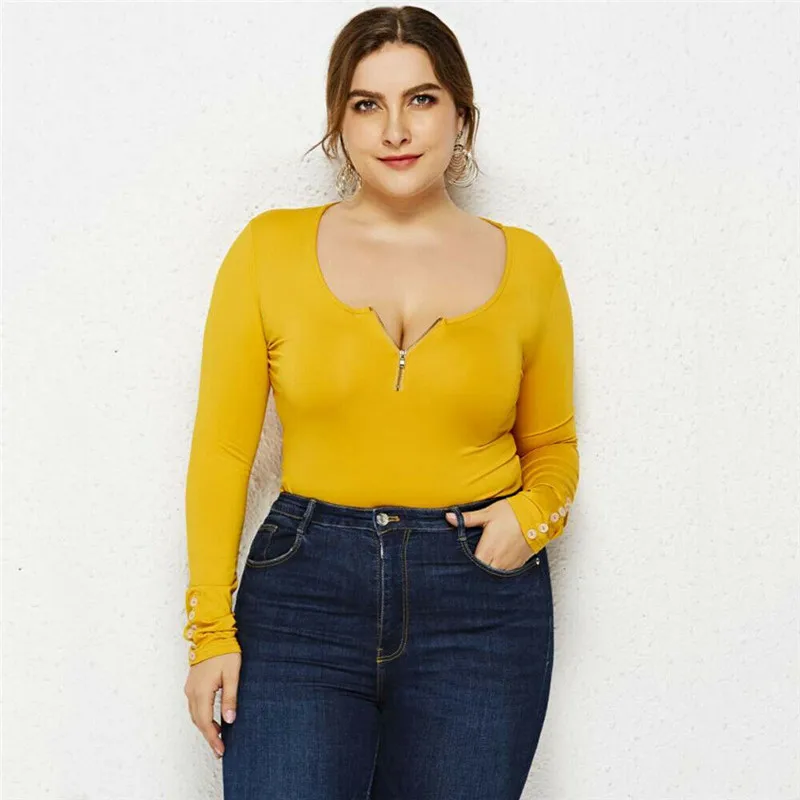 

Plus Women Long Sleeve Bodysuits O-neck solid Zipper Bodysuits