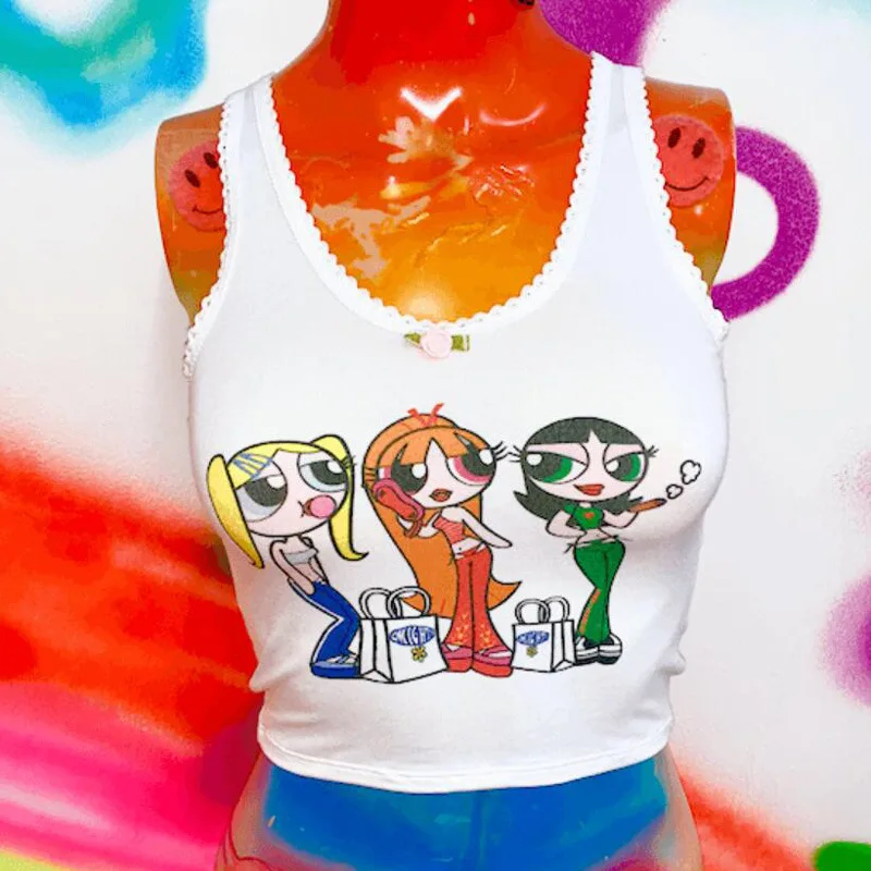Harajuku Винтаж ins Горячая каваи милые кружева Powerpuff девушки шаблон печати женщин укороченный топ майки-ками YQ-1039