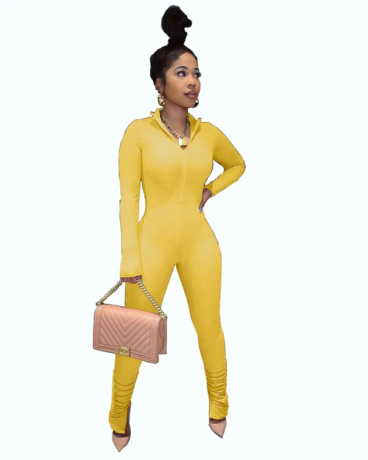 

Jumpsuit Ladies Bodysuit Ladies Jumpsuit Undefined Jumpsuit Legs Stacked Long Sleeve Pure Color Casual Zipper Trouse