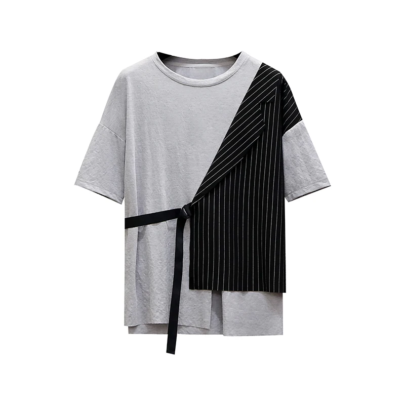 

2021 New Design Plus Size L-4XL Striped Patchwork Tops For Women Asymmetrical Summer T-Shirt Short Sleeves Casual Blouse