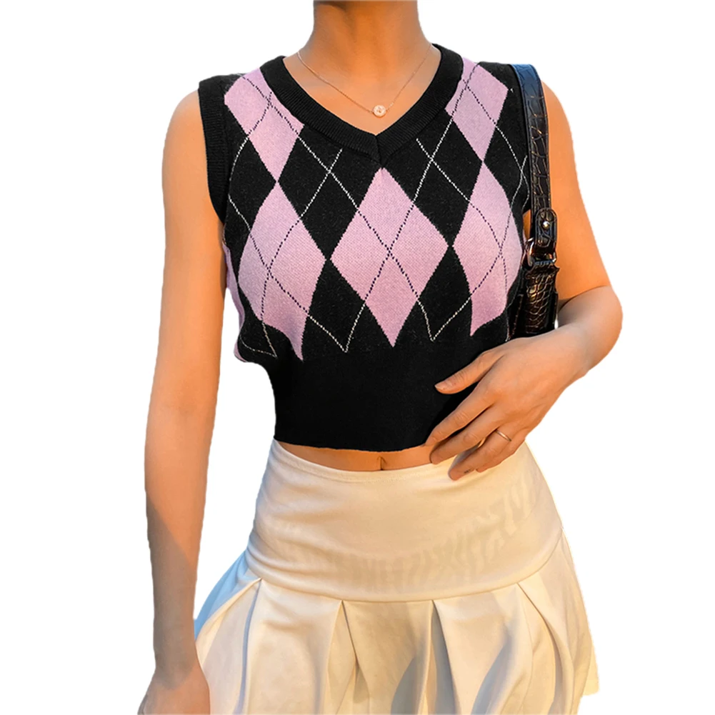 

2020 Autumn Argyle Y2K Crop Top Sweater Vest V Neck Vintage Sleeveless Tank Jumper Preppy Style Plaid Knitted Pullover