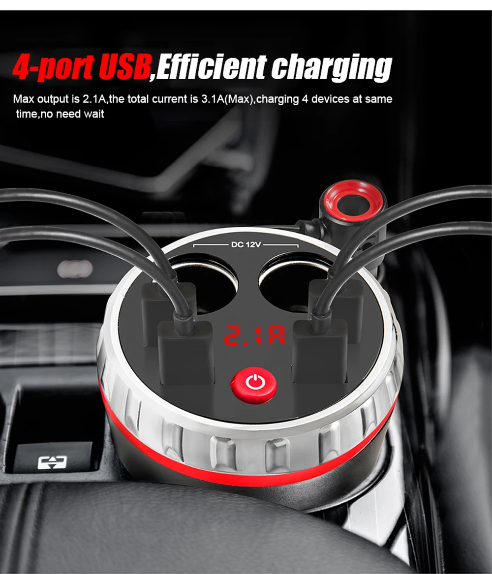 VR robot Dual Car Cigarette Lighter Socket Splitter Adapter 5V 2.1A 4 Ports USB Charger Voltage Monitor Car Cup Holder
