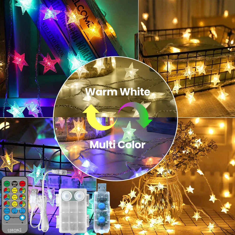 

9M/15M 60/100LEDs Twinkle Stars Fairy Lights Christmas String Lights Color Changeable Dimmable Outdoor Waterproof Garland Light