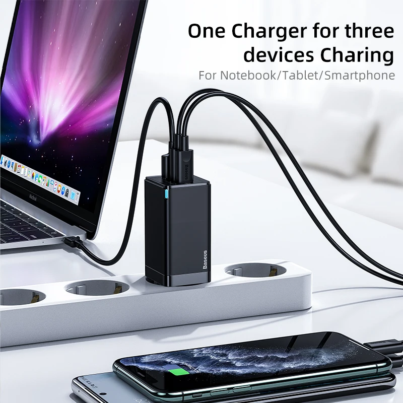 Baseus-Cargador GaN para Ordenador, Dispositivo de Carga R&aacute;pida para Port&aacute;til, iPhone 12 Pro, con USB, 65 W, 4.0, 3.0, Tipo C, PD, QC-3